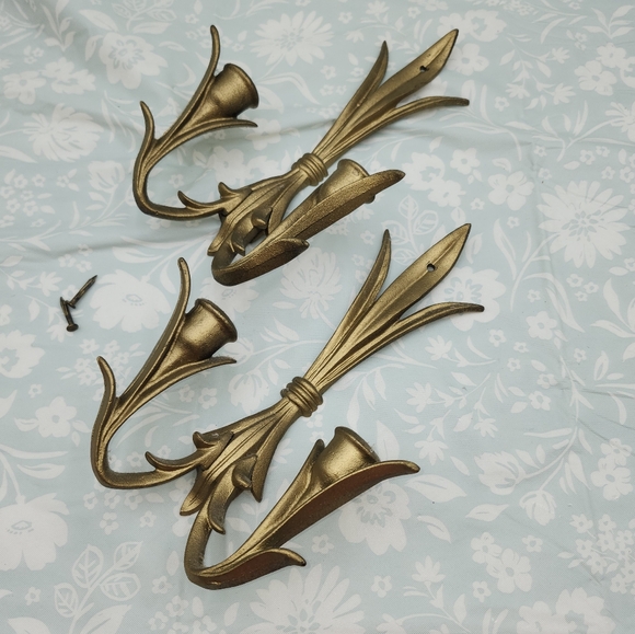 2 Vintage WILTON Solid Cast gold Brass Sconces Wall Mounted Candle Holders